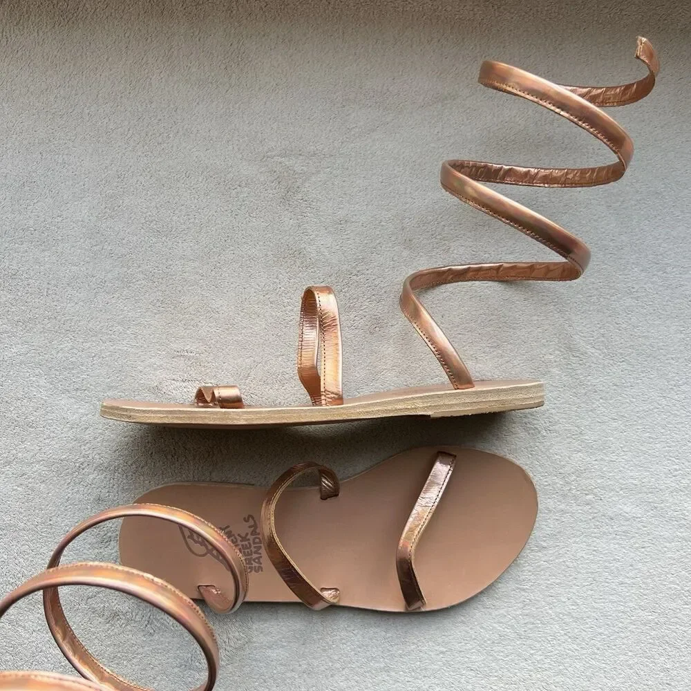 Ancient Greek Sandals Ofis Iridescent Copper Flat Sandal‎ EU 37 US 7 Ankle-Wrap